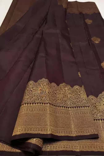 Brown silk blend jacuard work festival saree with unstitched blouse piece