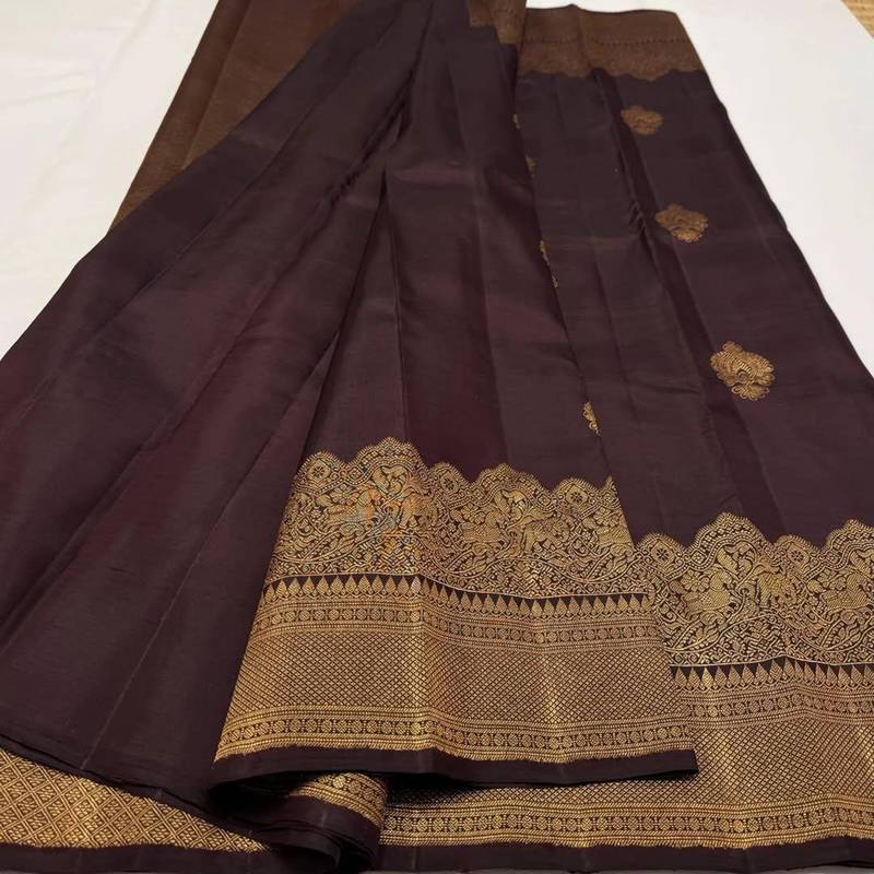Brown silk blend jacuard work festival saree with unstitched blouse piece