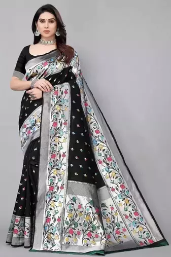 Black silk blend jacuard work festival saree with unstitched blouse piece
