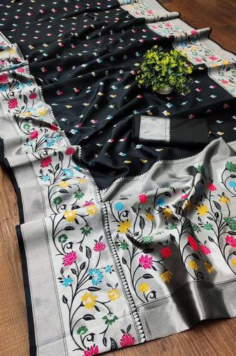 Black silk blend jacuard work festival saree with unstitched blouse piece