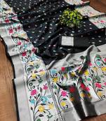 Black silk blend jacuard work festival saree with unstitched blouse piece