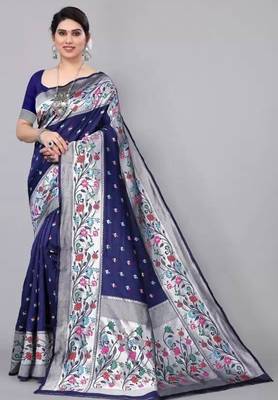 Blue silk blend jacuard work festival saree with unstitched blouse piece 2