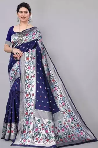 Blue silk blend jacuard work festival saree with unstitched blouse piece