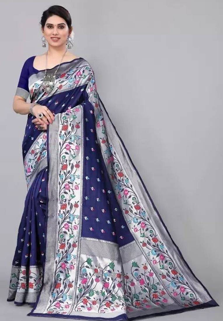 Blue silk blend jacuard work festival saree with unstitched blouse piece