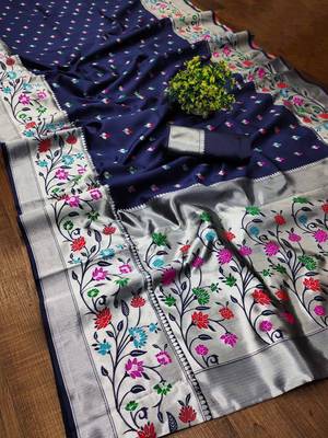 Blue silk blend jacuard work festival saree with unstitched blouse piece 1