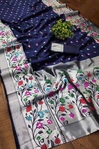 Blue silk blend jacuard work festival saree with unstitched blouse piece