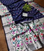 Blue silk blend jacuard work festival saree with unstitched blouse piece