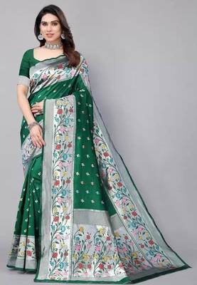 Green silk blend jacuard work festival saree with unstitched blouse piece 2
