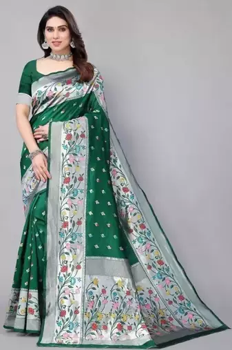 Green silk blend jacuard work festival saree with unstitched blouse piece