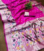 Pink silk blend jacuard work festival saree with unstitched blouse piece