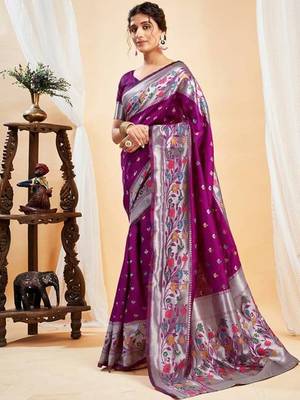 Wine silk blend jacuard work festival saree with unstitched blouse piece 2