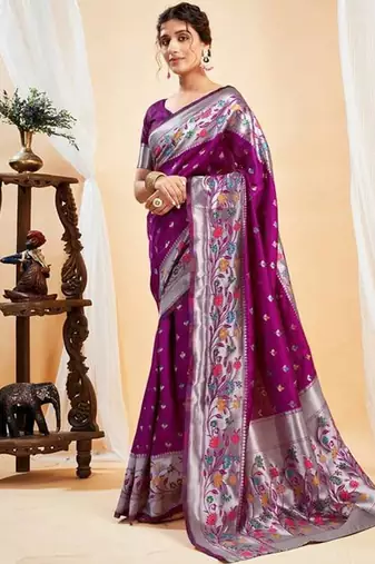 Wine silk blend jacuard work festival saree with unstitched blouse piece