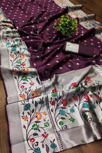 Wine silk blend jacuard work festival saree with unstitched blouse piece