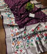Wine silk blend jacuard work festival saree with unstitched blouse piece