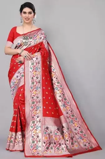 Red silk blend jacuard work festival saree with unstitched blouse piece