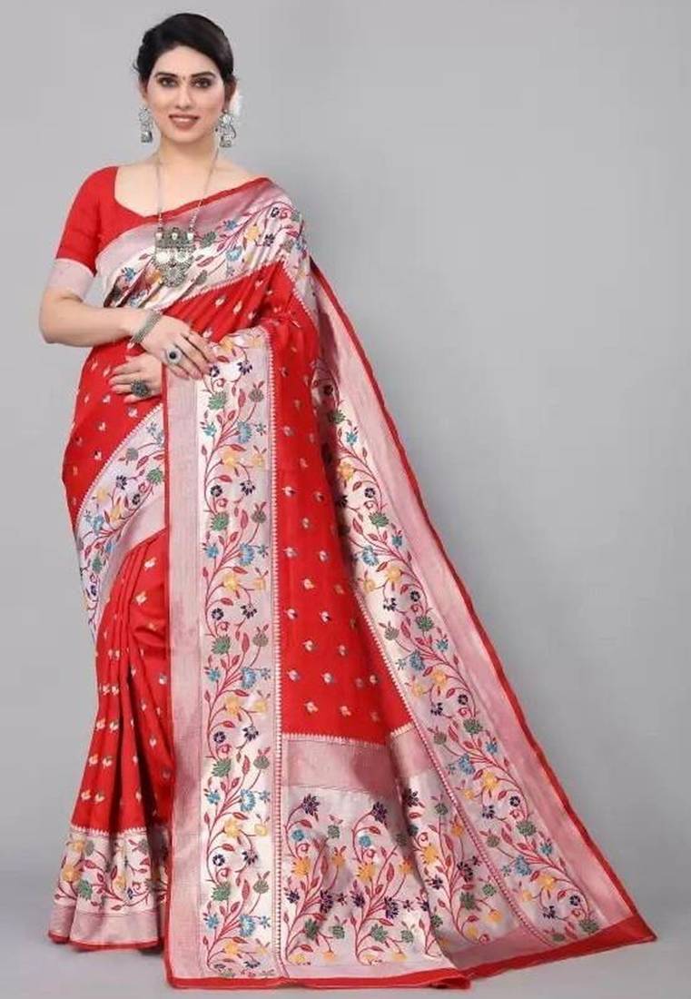 Red silk blend jacuard work festival saree with unstitched blouse piece
