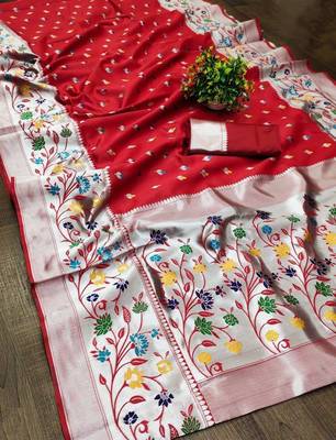 Red silk blend jacuard work festival saree with unstitched blouse piece 1