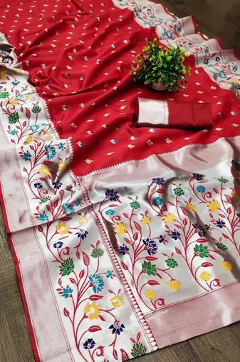 Red silk blend jacuard work festival saree with unstitched blouse piece
