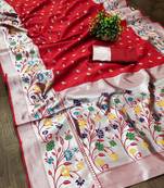 Red silk blend jacuard work festival saree with unstitched blouse piece