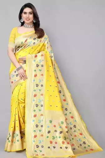 Yellow silk blend jacuard work festival saree with unstitched blouse piece
