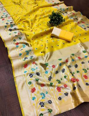 Yellow silk blend jacuard work festival saree with unstitched blouse piece 1