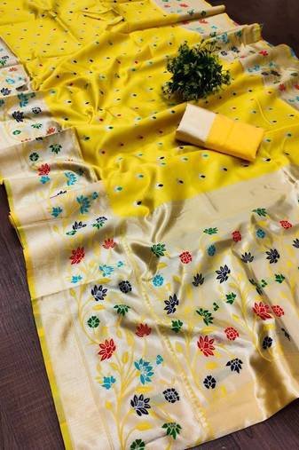 Yellow silk blend jacuard work festival saree with unstitched blouse piece