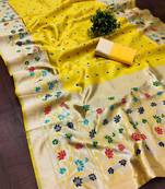 Yellow silk blend jacuard work festival saree with unstitched blouse piece