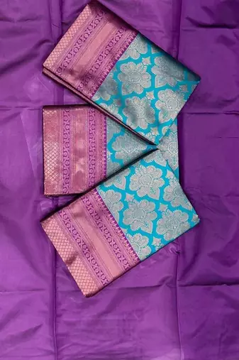 Sky purple silk blend jacuard work festival saree with unstitched blouse piece