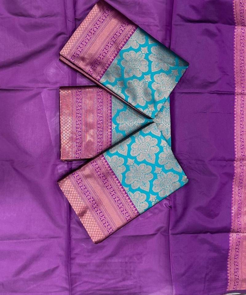 Sky purple silk blend jacuard work festival saree with unstitched blouse piece