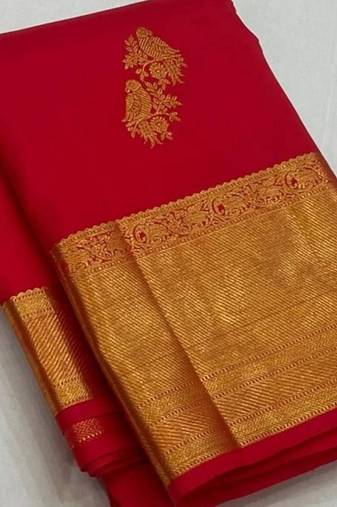 Red silk blend jacuard work festival saree with unstitched blouse piece