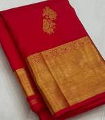 Red silk blend jacuard work festival saree with unstitched blouse piece