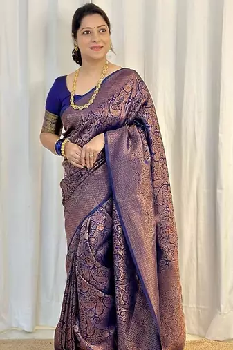 Blue silk blend jacuard work festival saree with unstitched blouse piece