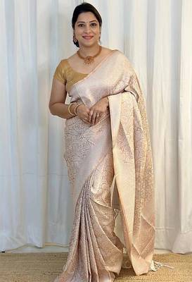 Off white silk blend jacuard work festival saree with unstitched blouse piece 1
