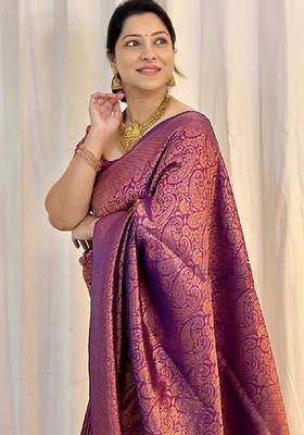 Purple silk blend jacuard work festival saree with unstitched blouse piece 3