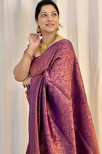 Purple silk blend jacuard work festival saree with unstitched blouse piece