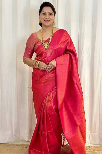 Red silk blend jacuard work festival saree with unstitched blouse piece
