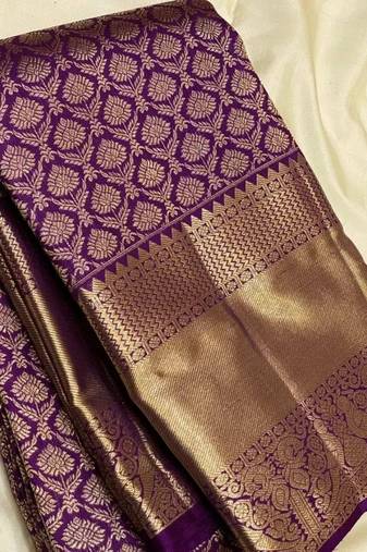 Purple silk blend jacuard work festival saree with unstitched blouse piece