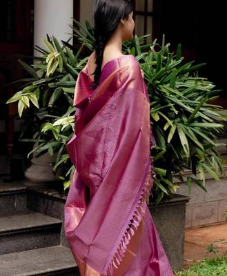 Pink silk blend jacuard work festival saree with unstitched blouse piece 3