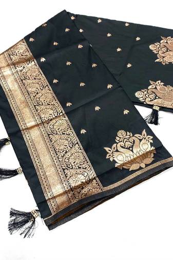 Black silk blend jacuard work festival saree with unstitched blouse piece