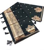 Black silk blend jacuard work festival saree with unstitched blouse piece