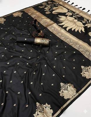 Black silk blend jacuard work festival saree with unstitched blouse piece 2