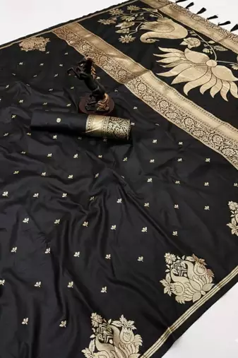Black silk blend jacuard work festival saree with unstitched blouse piece