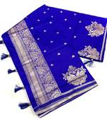 Blue silk blend jacuard work festival saree with unstitched blouse piece