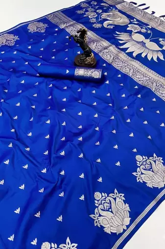 Blue silk blend jacuard work festival saree with unstitched blouse piece