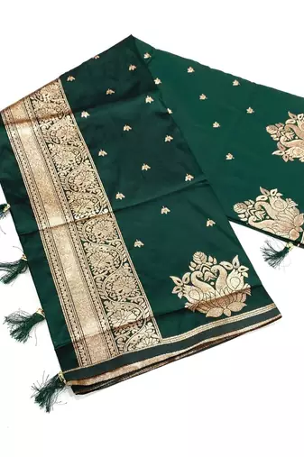 Green silk blend jacuard work festival saree with unstitched blouse piece