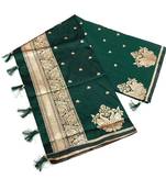 Green silk blend jacuard work festival saree with unstitched blouse piece