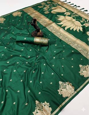 Green silk blend jacuard work festival saree with unstitched blouse piece 2
