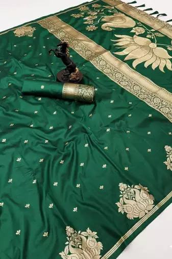 Green silk blend jacuard work festival saree with unstitched blouse piece