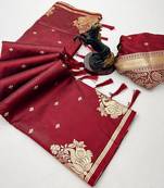 Maroon silk blend jacuard work festival saree with unstitched blouse piece