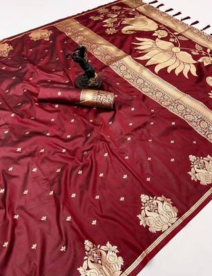Maroon silk blend jacuard work festival saree with unstitched blouse piece 2